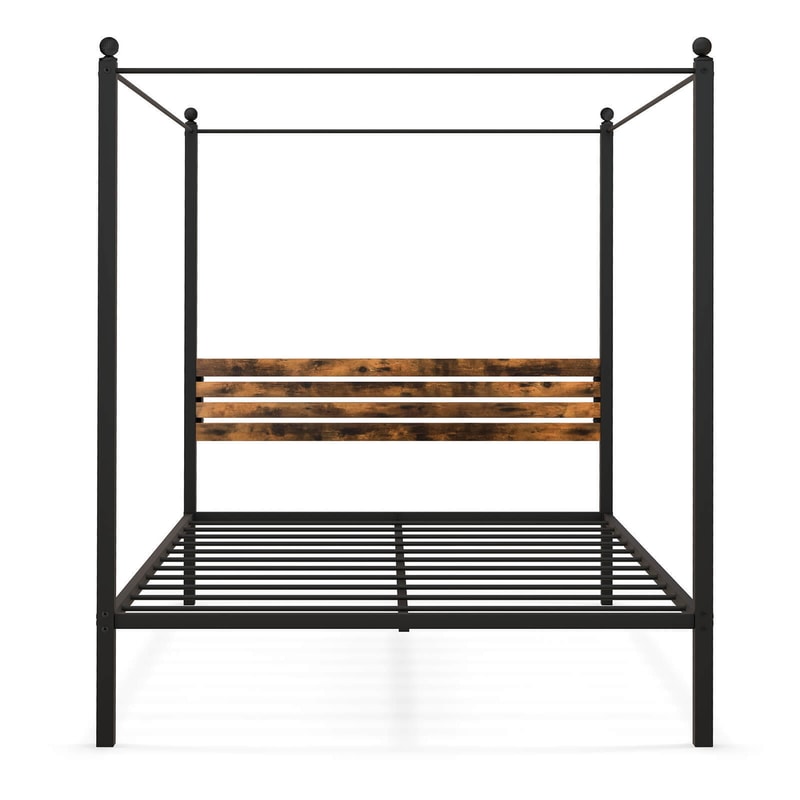 Queen Size Canopy Bed Frame with Under Bed Storage and Rustic Headboard – Metal 4-Post Platform Bed for Modern Bedrooms