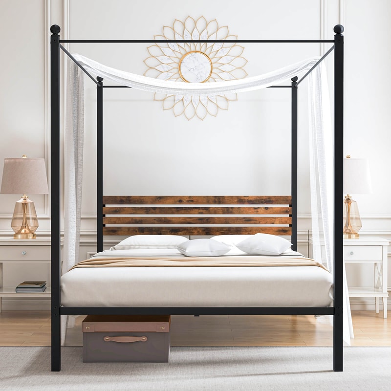 Queen Size Canopy Bed Frame with Under Bed Storage and Rustic Headboard – Metal 4-Post Platform Bed for Modern Bedrooms