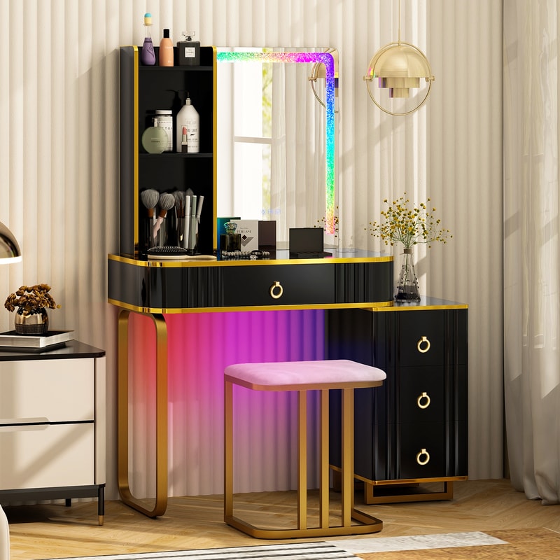 Modern Vanity Table Set RGB LED Lights Wireless Charging Station Adjustable Mirror 0