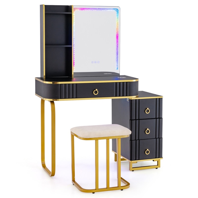 Modern Vanity Table Set RGB LED Lights Wireless Charging Station Adjustable Mirror 3