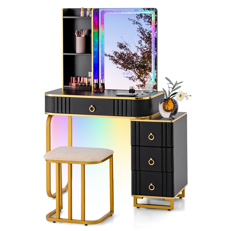 Modern Vanity Table Set RGB LED Lights Wireless Charging Station Adjustable Mirror 6