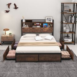 modern full/queen bed frame, built-in bookcase headboard & 4 large storage drawers
