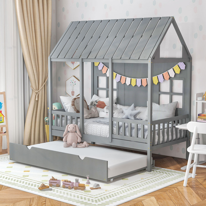 Twin Size House Bed Frame With Trundle 82 Inch Tall Roof  Playful Design 0
