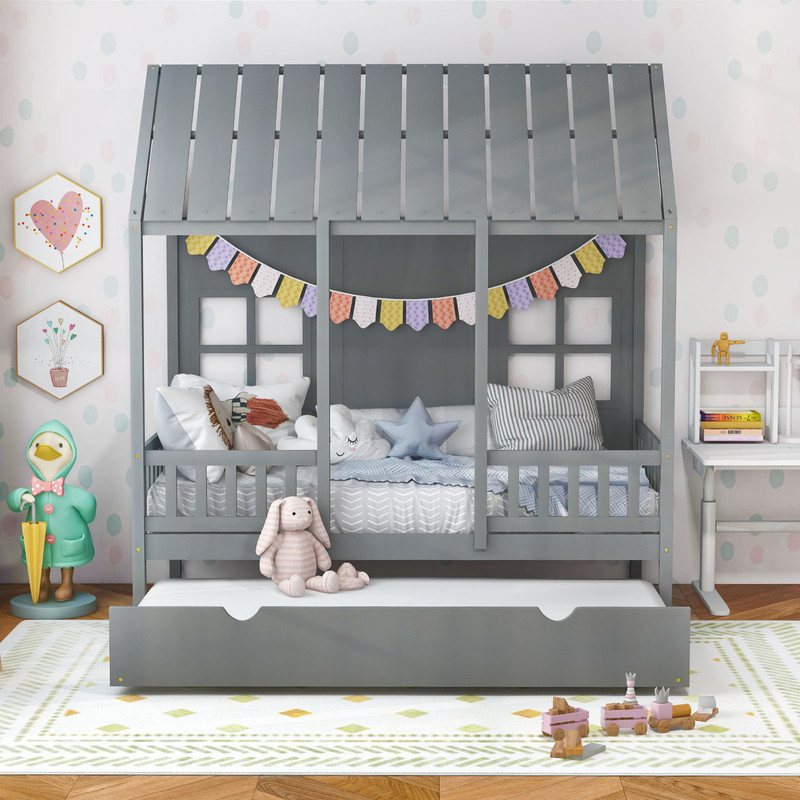 Twin Size House Bed Frame With Trundle 82 Inch Tall Roof  Playful Design 1