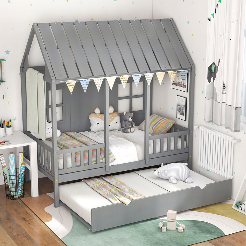 Twin Size House Bed Frame With Trundle 82 Inch Tall Roof  Playful Design 6