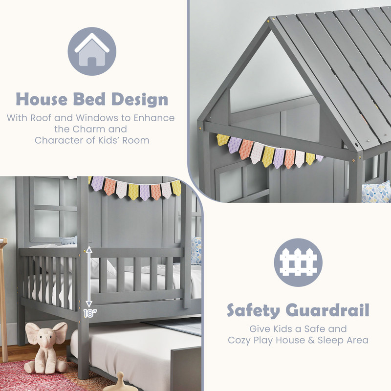 Twin Size House Bed Frame With Trundle 82 Inch Tall Roof  Playful Design 3