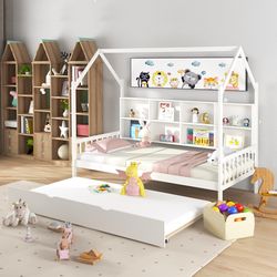 montessori twin daybed for kids, playful roof design with built-in shelf compartments