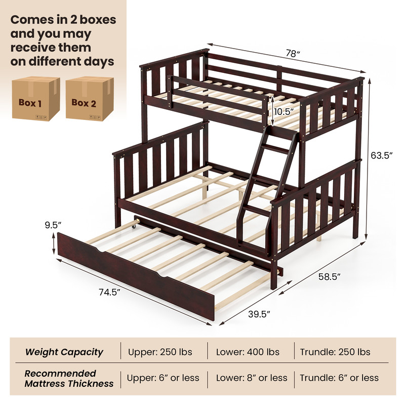 3-in-1 Twin Over Full Bunk Bed with Trundle & Ladder, Space-Saving Triple Sleeper