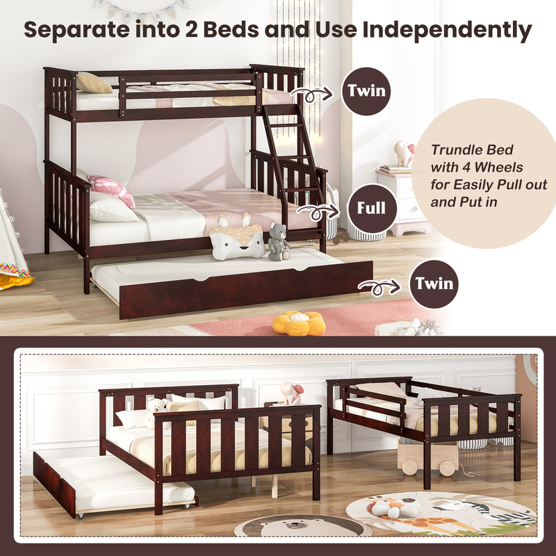 3-in-1 Twin Over Full Bunk Bed with Trundle & Ladder, Space-Saving Triple Sleeper