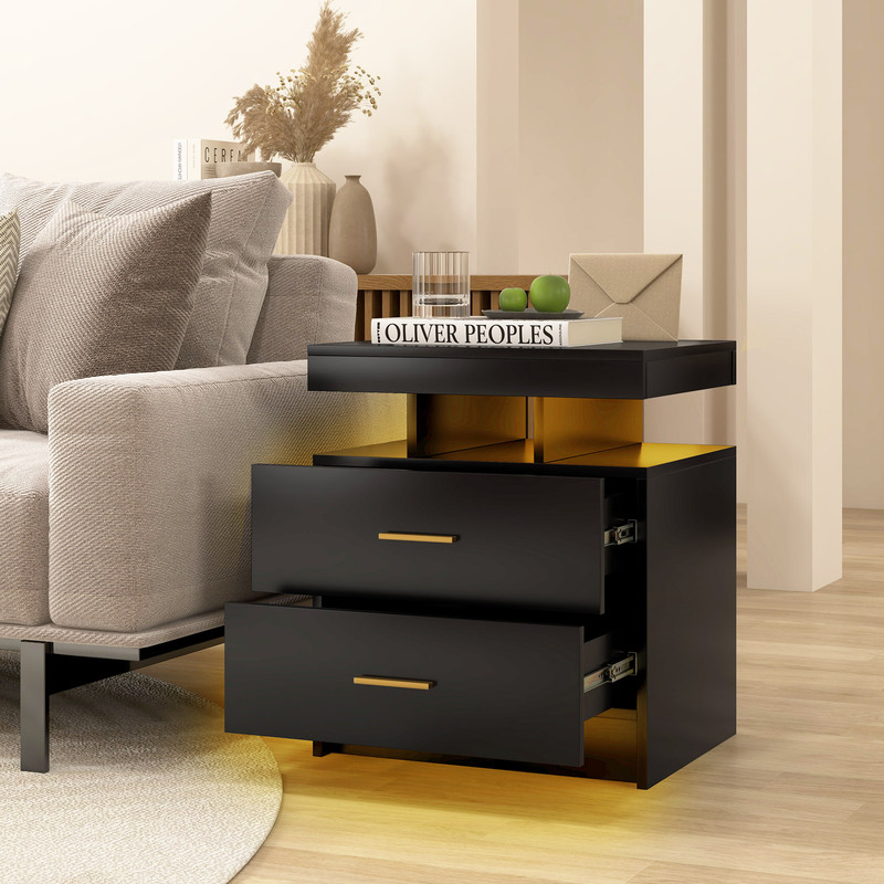 Modern LED Nightstand with 2 Storage Drawers, Bedside Table with Built-In Lighting