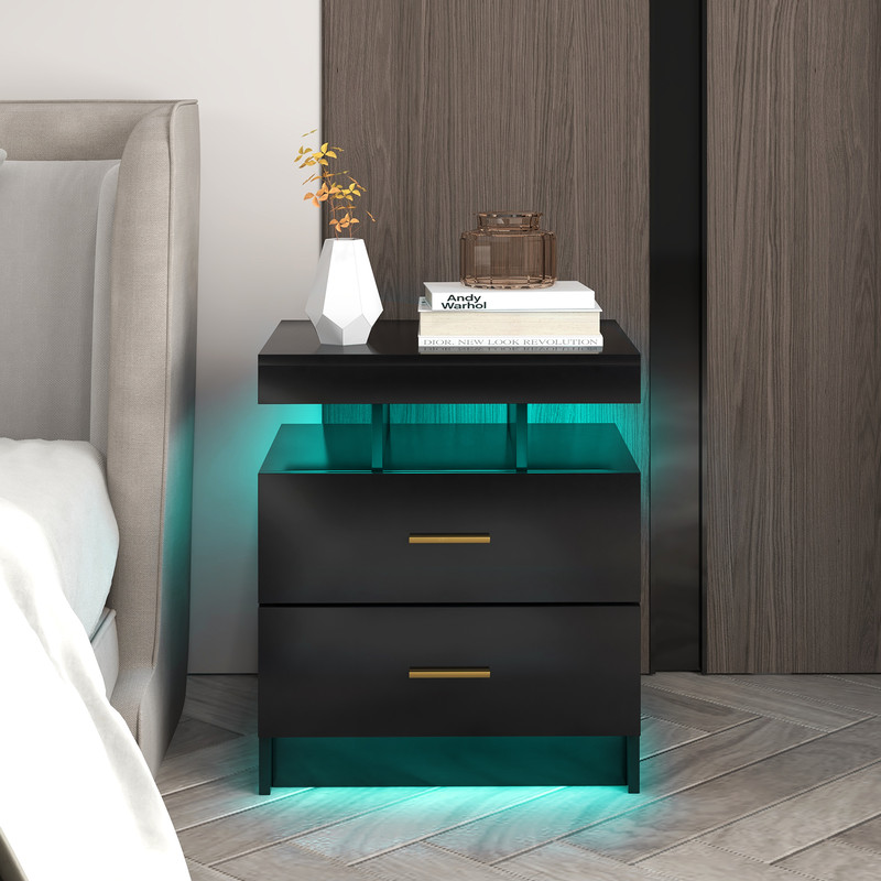 Modern LED Nightstand with 2 Storage Drawers, Bedside Table with Built-In Lighting
