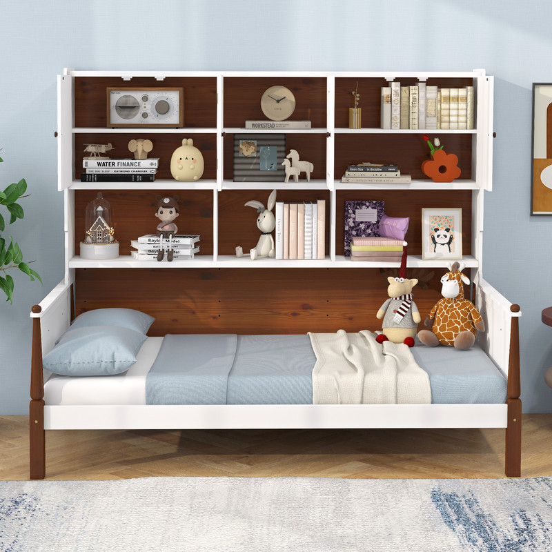 Twin Bed with Bookcase Shelves & Wooden Slat Support, No Box Spring Needed, Storage Bed for Kids, Teens & Guest Bedroom