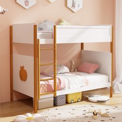 twin over twin bunk bed with integrated ladder & safety guardrails, solid wood convertible frame for kids, teens