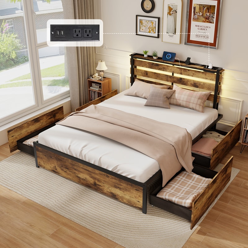 Full/Queen/Twin Size Bed Frame with Drawers, LED Lights & USB Ports, Modern Platform Bed with Storage, Headboard Shelf