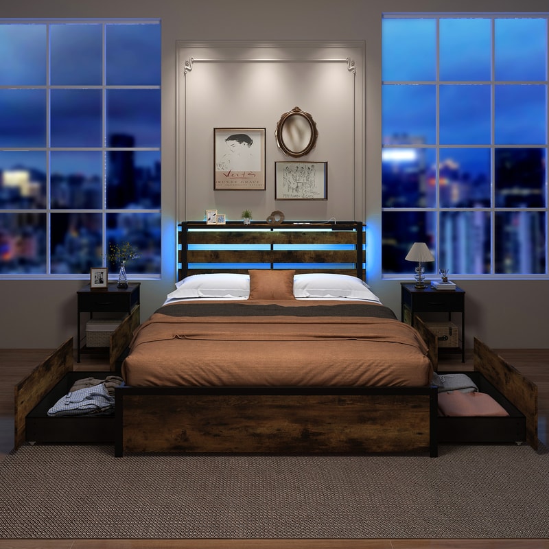 Full/Queen/Twin Size Bed Frame with Drawers, LED Lights & USB Ports, Modern Platform Bed with Storage, Headboard Shelf