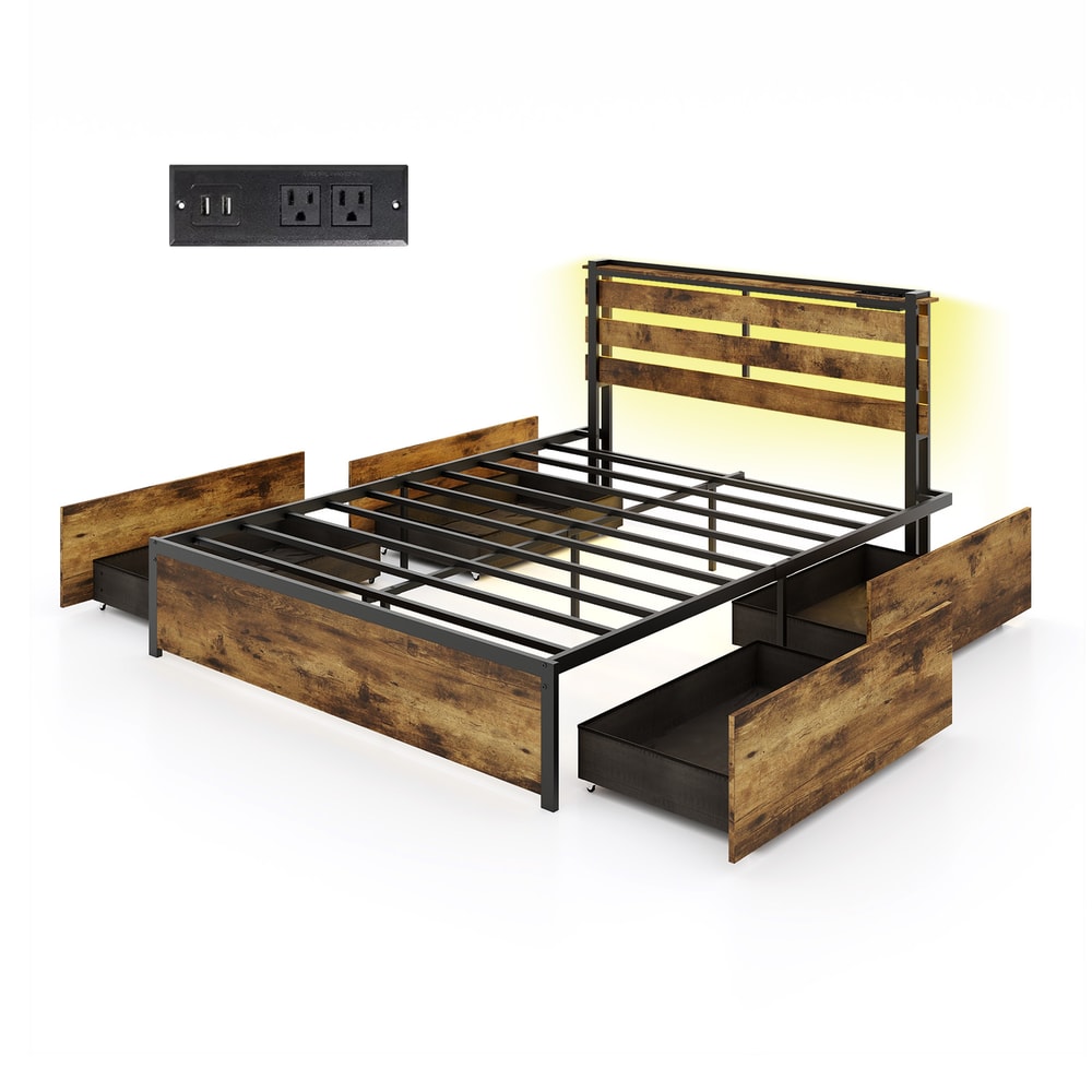 Full/Queen/Twin Size Bed Frame with Drawers, LED Lights & USB Ports, Modern Platform Bed with Storage, Headboard Shelf