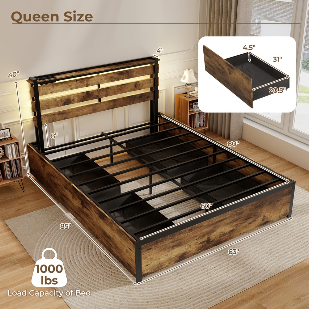 Full/Queen/Twin Size Bed Frame with Drawers, LED Lights & USB Ports, Modern Platform Bed with Storage, Headboard Shelf
