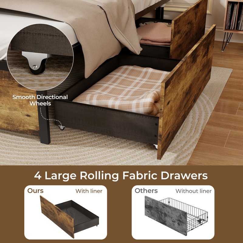 Full/Queen/Twin Size Bed Frame with Drawers, LED Lights & USB Ports, Modern Platform Bed with Storage, Headboard Shelf