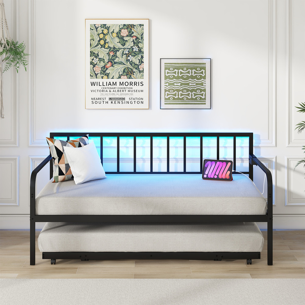 Twin Daybed with Charging Station and LED Lights, Pop-Up Trundle Bed Frame for Kids Teens Adults, Metal Sofa Bed