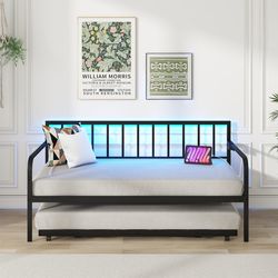 twin daybed with charging station and led lights, pop-up trundle bed frame for kids teens adults, metal sofa bed