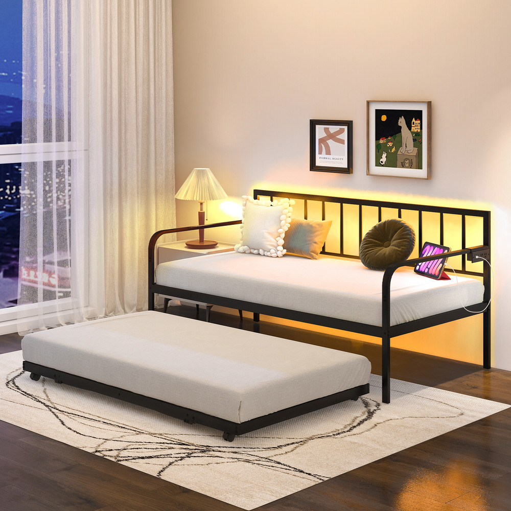 Twin Daybed with Charging Station and LED Lights, Pop-Up Trundle Bed Frame for Kids Teens Adults, Metal Sofa Bed