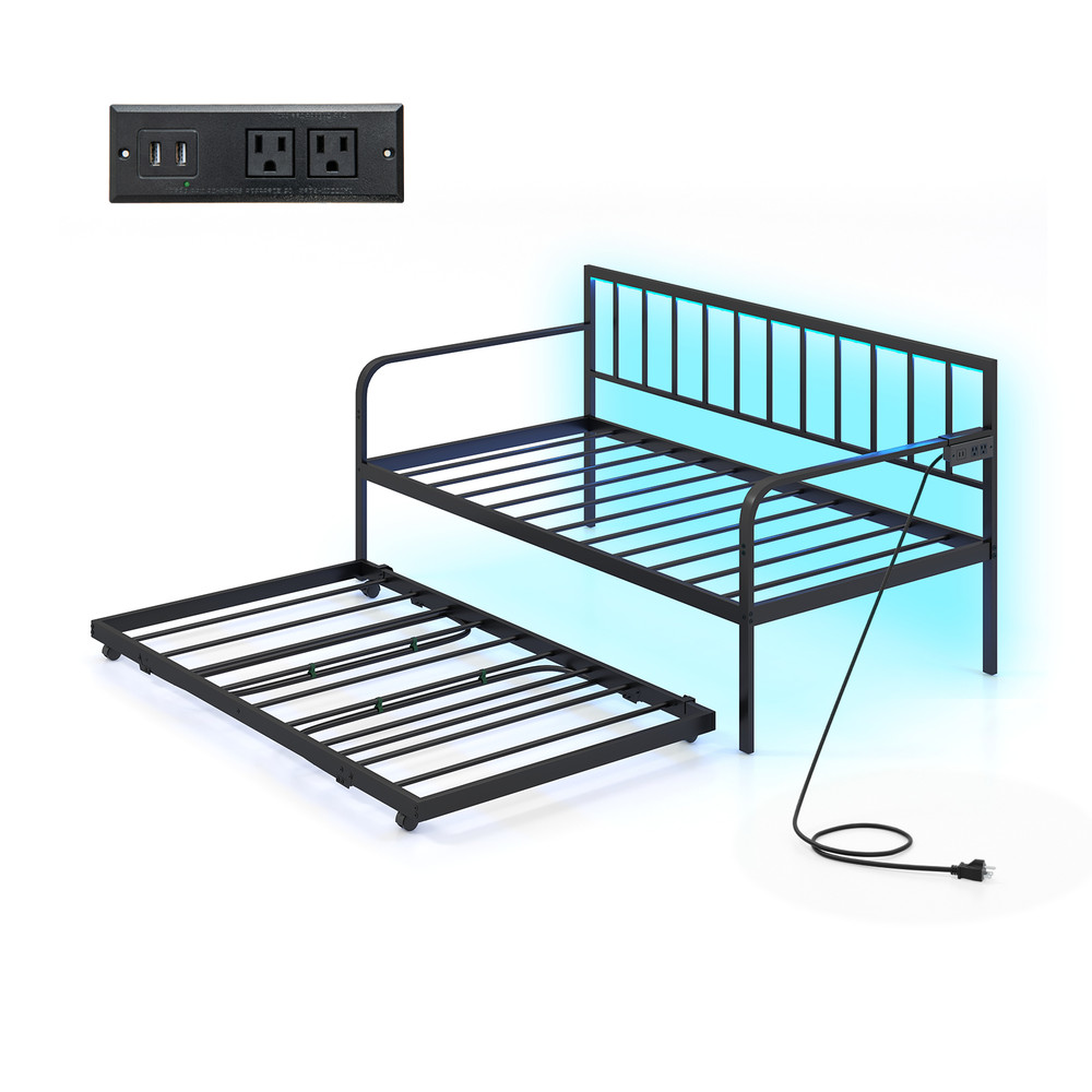 Twin Daybed with Charging Station and LED Lights, Pop-Up Trundle Bed Frame for Kids Teens Adults, Metal Sofa Bed