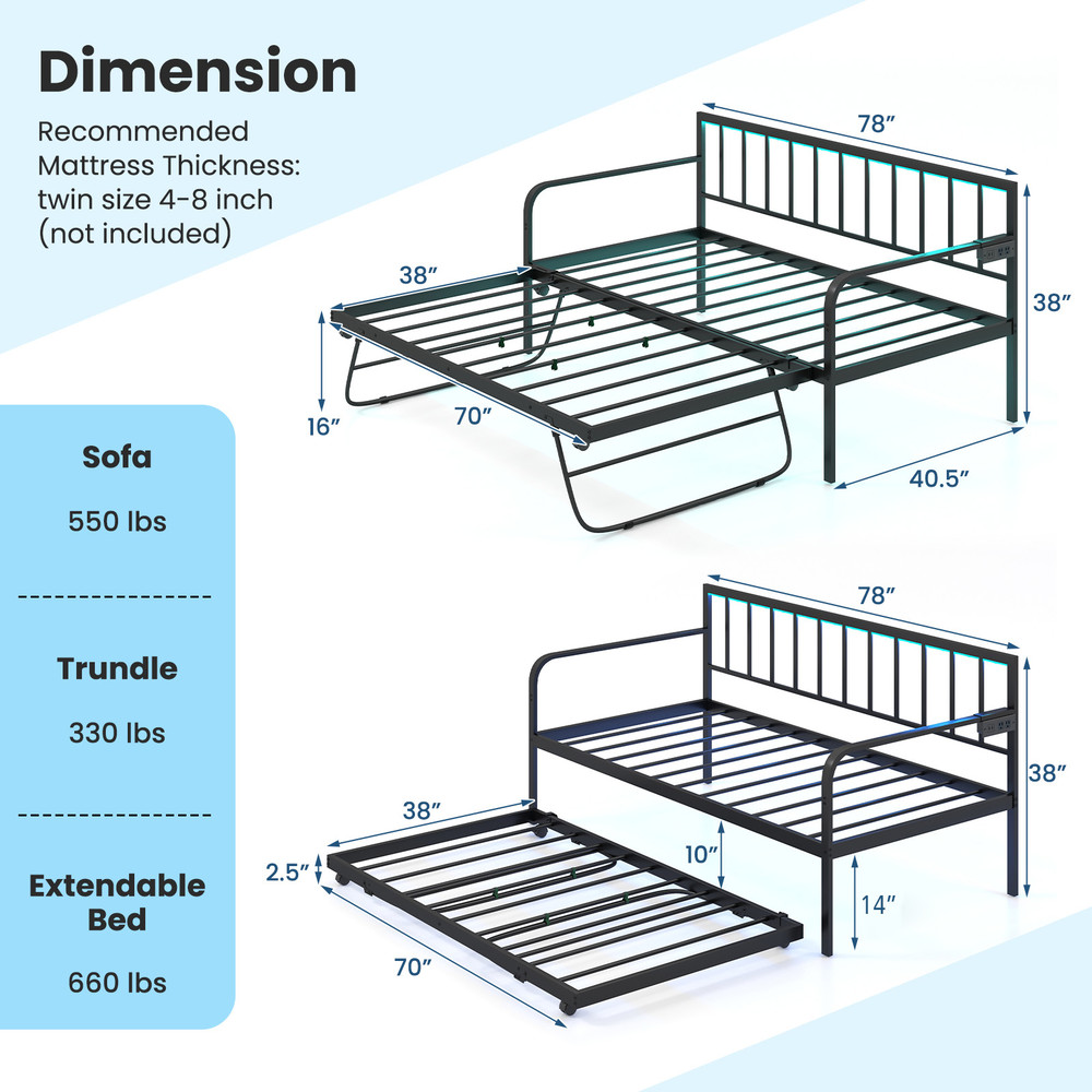 Twin Daybed with Charging Station and LED Lights, Pop-Up Trundle Bed Frame for Kids Teens Adults, Metal Sofa Bed