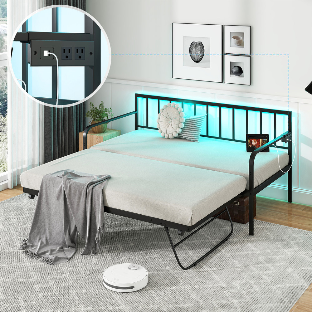 Twin Daybed with Charging Station and LED Lights, Pop-Up Trundle Bed Frame for Kids Teens Adults, Metal Sofa Bed