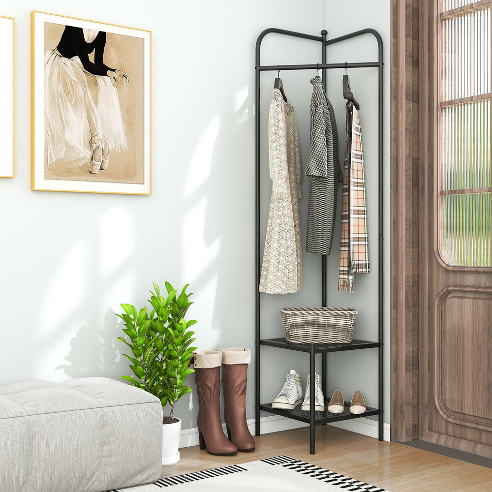 Black Corner Coat Rack With Top Hanger And Mesh Storage Shelves Entryway Hall Tree For Bedroom Livi 1