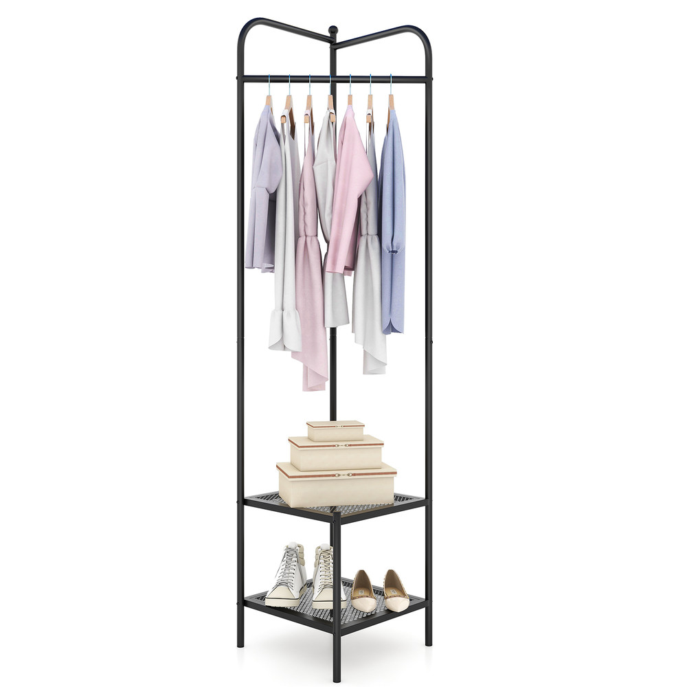 Black Corner Coat Rack With Top Hanger And Mesh Storage Shelves Entryway Hall Tree For Bedroom Livi 7