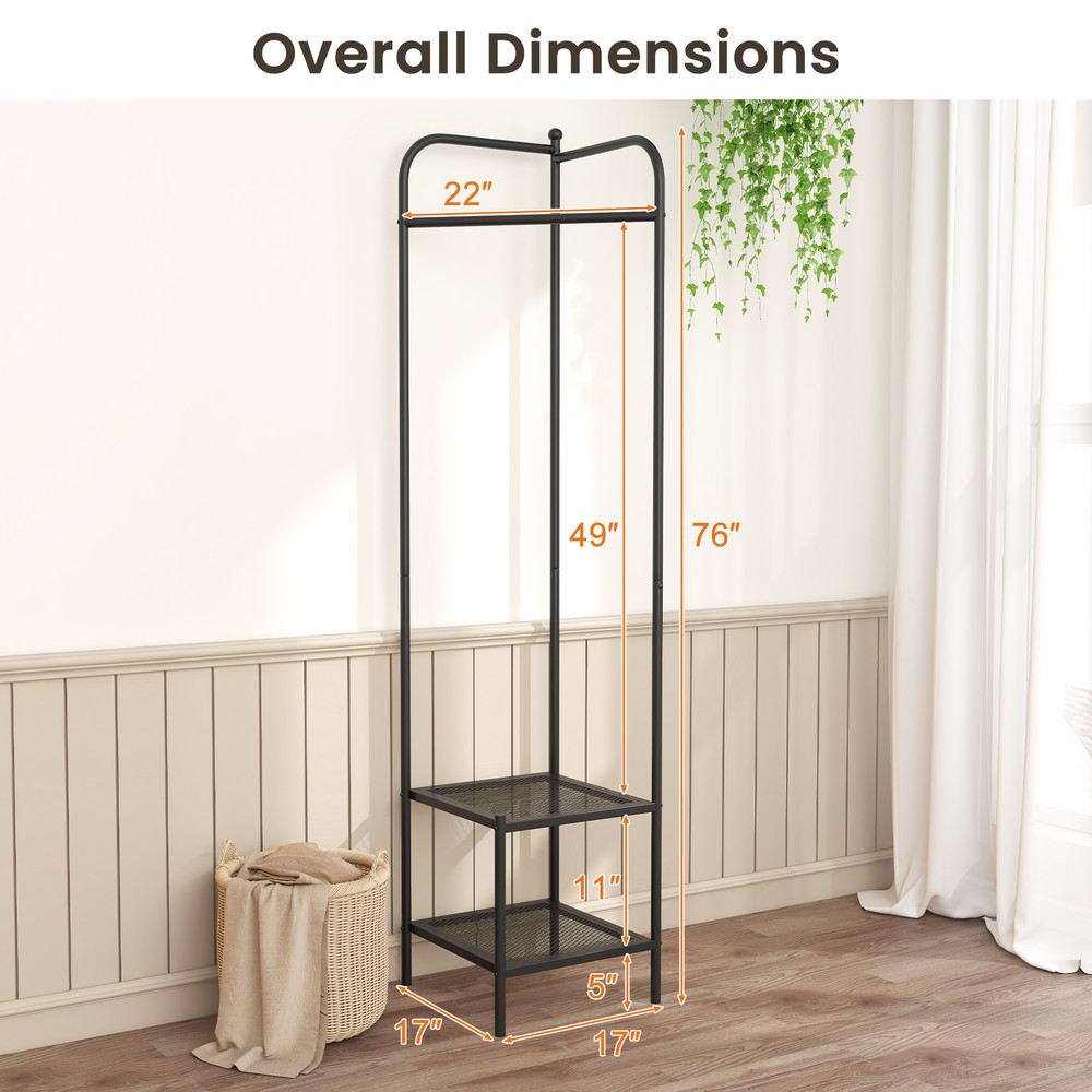 Black Corner Coat Rack With Top Hanger And Mesh Storage Shelves Entryway Hall Tree For Bedroom Livi 6