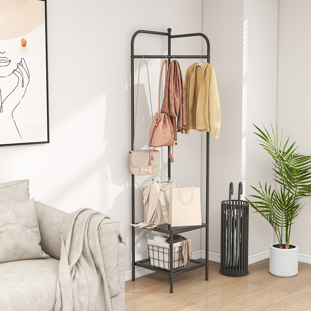 Black Corner Coat Rack With Top Hanger And Mesh Storage Shelves Entryway Hall Tree For Bedroom Livi 4