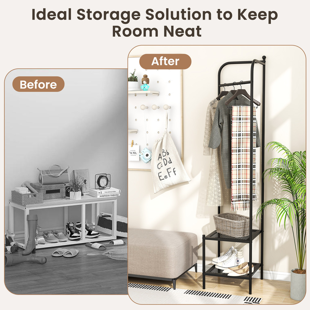 Black Corner Coat Rack With Top Hanger And Mesh Storage Shelves Entryway Hall Tree For Bedroom Livi 2