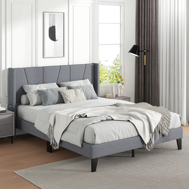 FullQueen Size Bed Frame With Wingback Headboard Upholstered Platform Bed With Wood Slat Support S 5