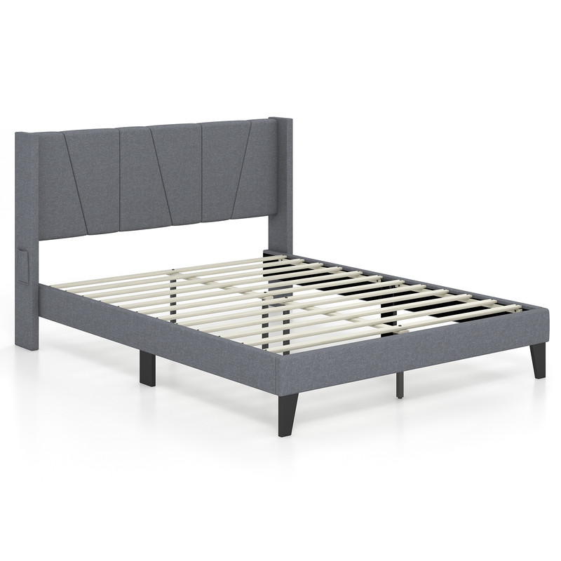 FullQueen Size Bed Frame With Wingback Headboard Upholstered Platform Bed With Wood Slat Support S 0