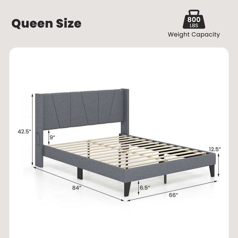 FullQueen Size Bed Frame With Wingback Headboard Upholstered Platform Bed With Wood Slat Support S 7