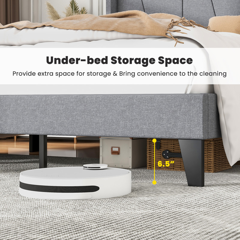 FullQueen Size Bed Frame With Wingback Headboard Upholstered Platform Bed With Wood Slat Support S 2