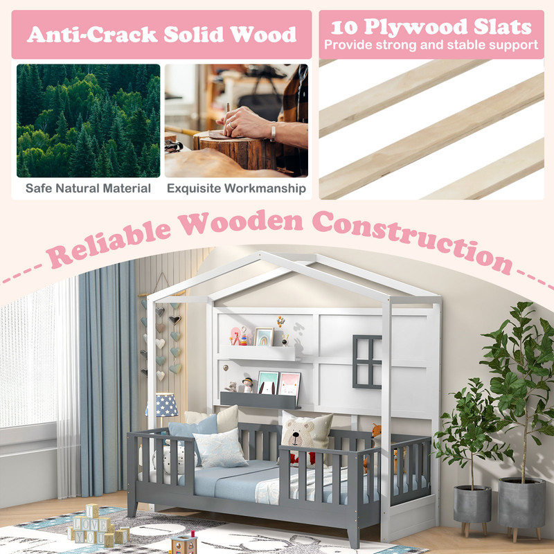 Montessori Floor Bed Twin Size With Shelves Guardrails Wooden House Bed For Kids Bedroom Low Profi 4