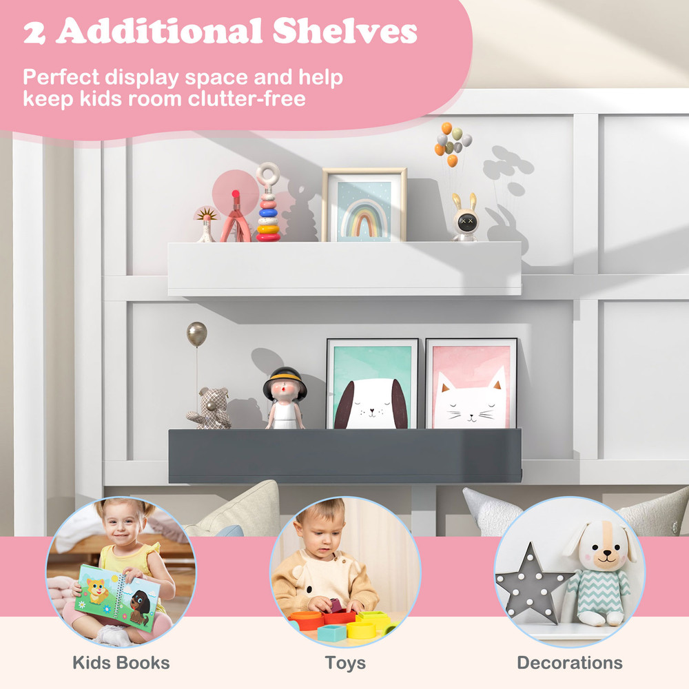 Montessori Floor Bed Twin Size With Shelves Guardrails Wooden House Bed For Kids Bedroom Low Profi 6