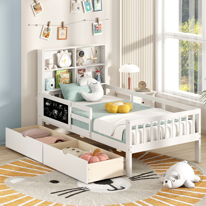 Wooden TwinFull Size Bed Frame For Kids With Storage Drawers Bookcase Headboard Blackboard Modern 1