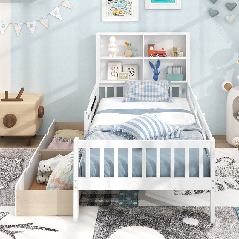 Wooden TwinFull Size Bed Frame For Kids With Storage Drawers Bookcase Headboard Blackboard Modern 5