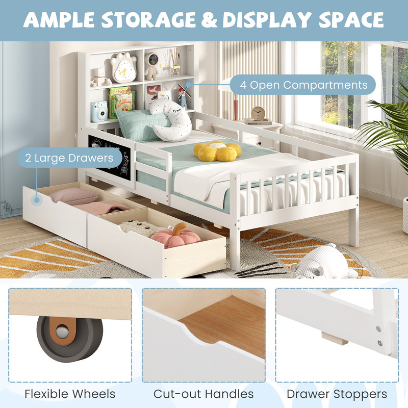 Wooden TwinFull Size Bed Frame For Kids With Storage Drawers Bookcase Headboard Blackboard Modern 2