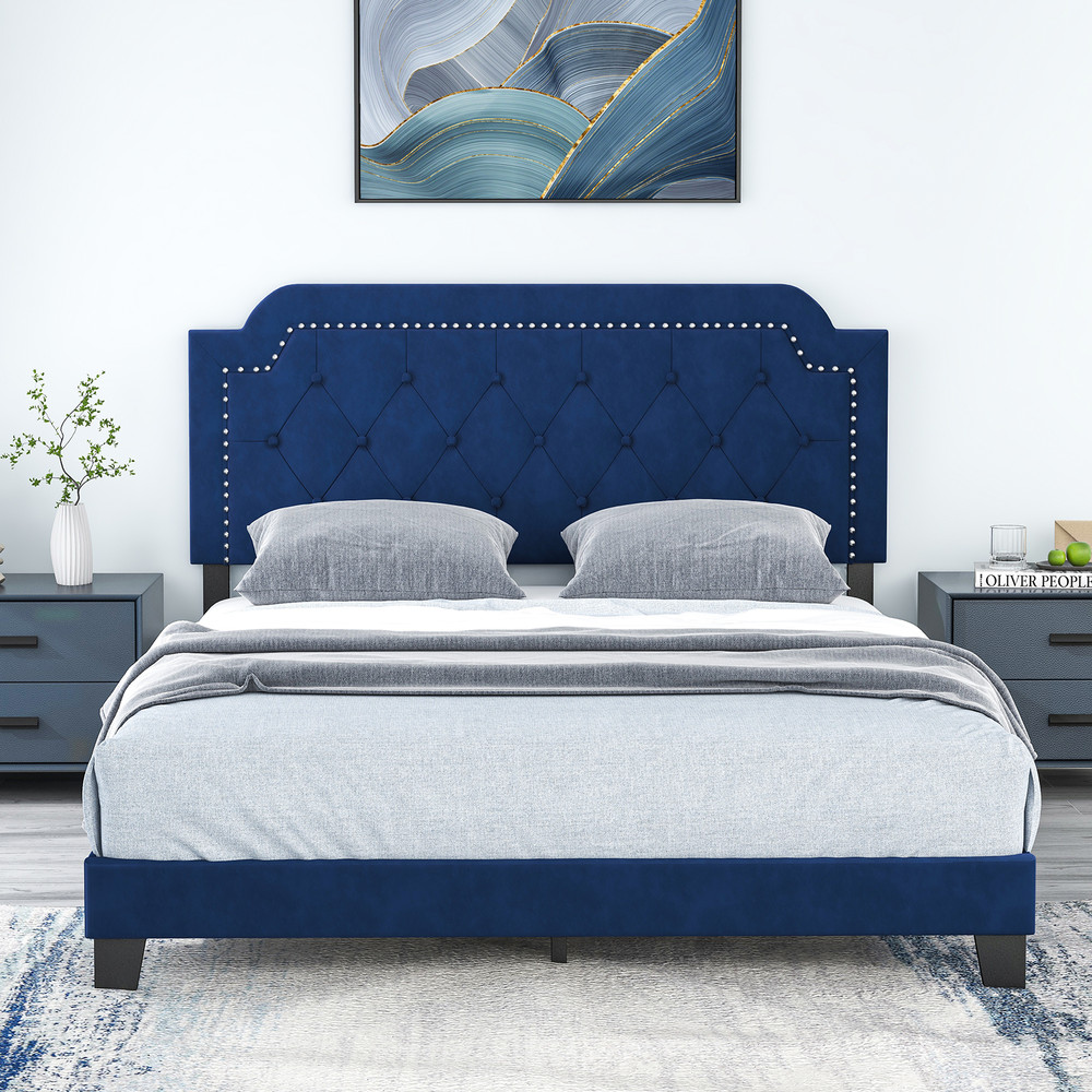 Elegant Queen Size Velvet Bed Frame With Button Tufted Nailhead Headboard Upholstered Platform Bed 6