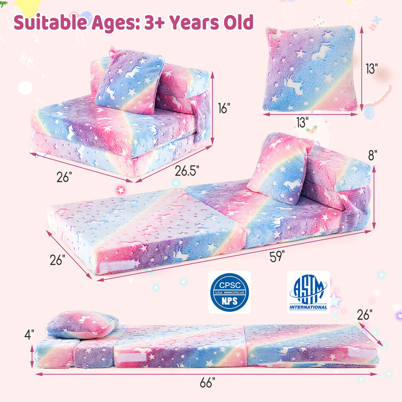 Kids Folding Sofa Bed Floor Mattress Glow In The Dark With PillowMulticolor 7