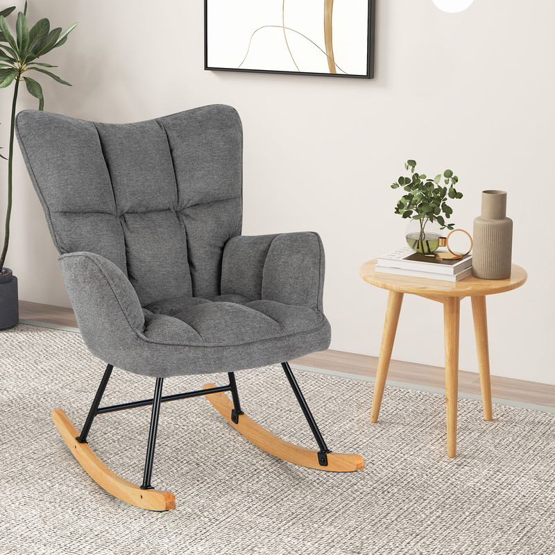 Modern Linen Nursery Rocking Chair High Back Upholstered Glider With Padded Armrests For Baby Room 5
