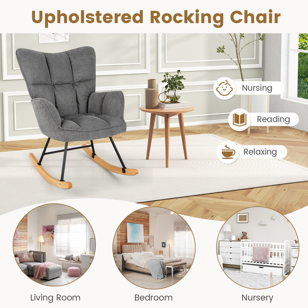 Modern Linen Nursery Rocking Chair High Back Upholstered Glider With Padded Armrests For Baby Room 4