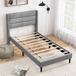 modern linen upholstered twin/queen platform bed frame with wingback headboard, sturdy wood slats & no box spring design