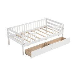 montessori twin daybed with safety fence & storage drawers, white kids bed for boys and girls, sofa bed with wooden slat