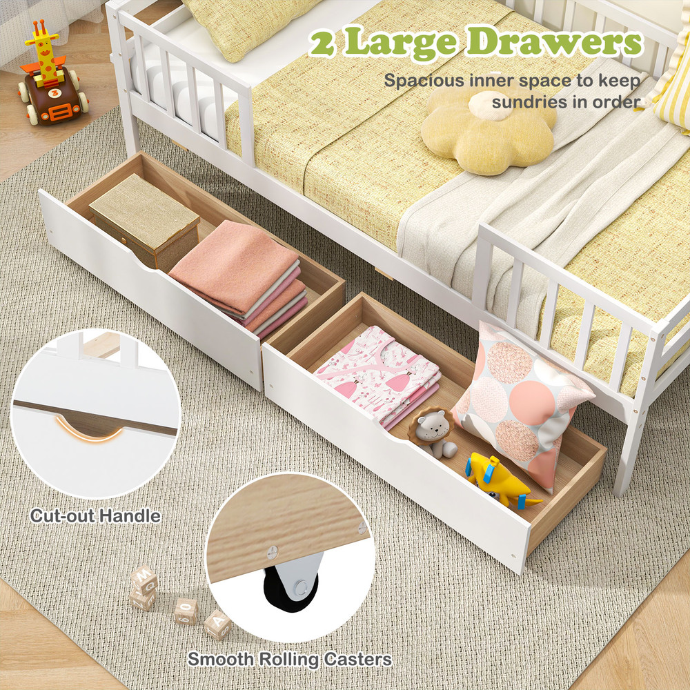 Montessori Twin Daybed With Safety Fence Storage Drawers White Kids Bed For Boys And Girls Sofa Be 2