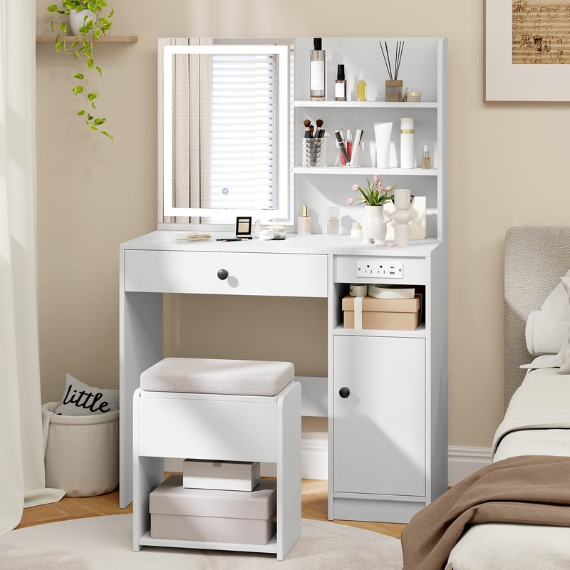 Vanity Desk With Mirror And Lights White Makeup Table With Cushioned Stool Charging Station And Amp 1